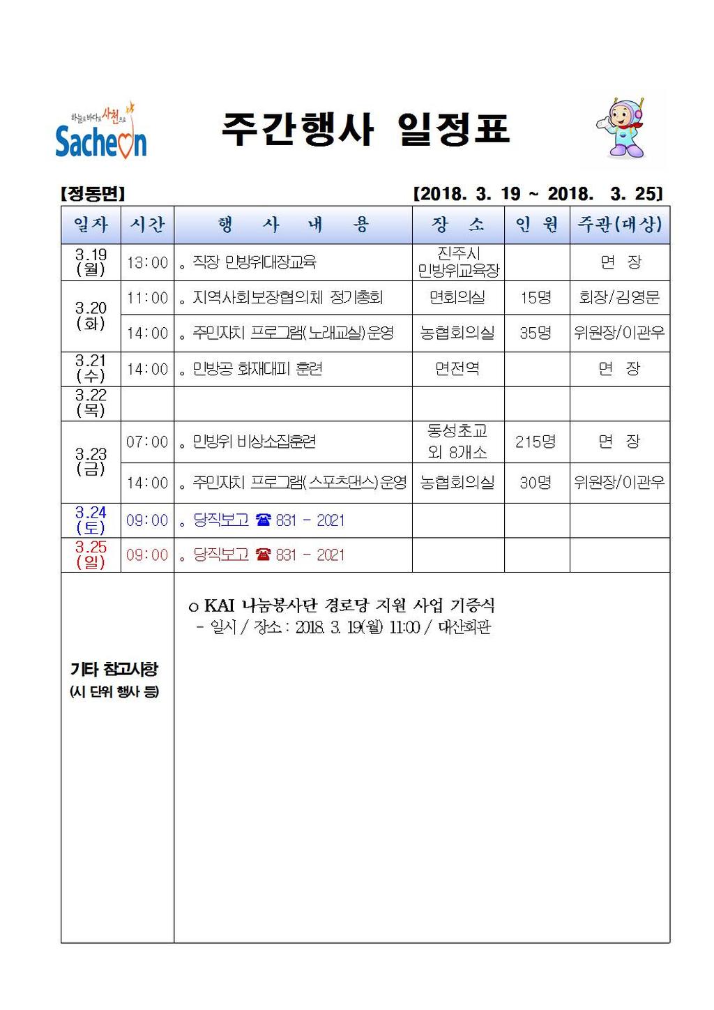 주간행사일정(2018.3.19~2018.3.25)