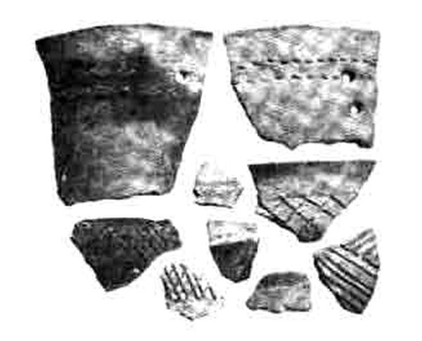 사천군 서포면 구평리에서 발굴된 신석기시대의 빗살무늬 토기조각(櫛文士器片)